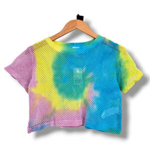 NEW Forever 21 Girls Tie Dye Fishnet Jersey Sheer‎ Cropped Blue Top Size 13/14
